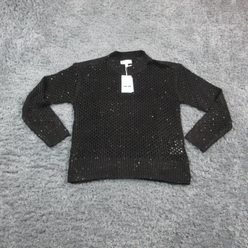Jessica Simpson Sweater Womens XS Black Open Stitch Sequin Lined Pullover NWT